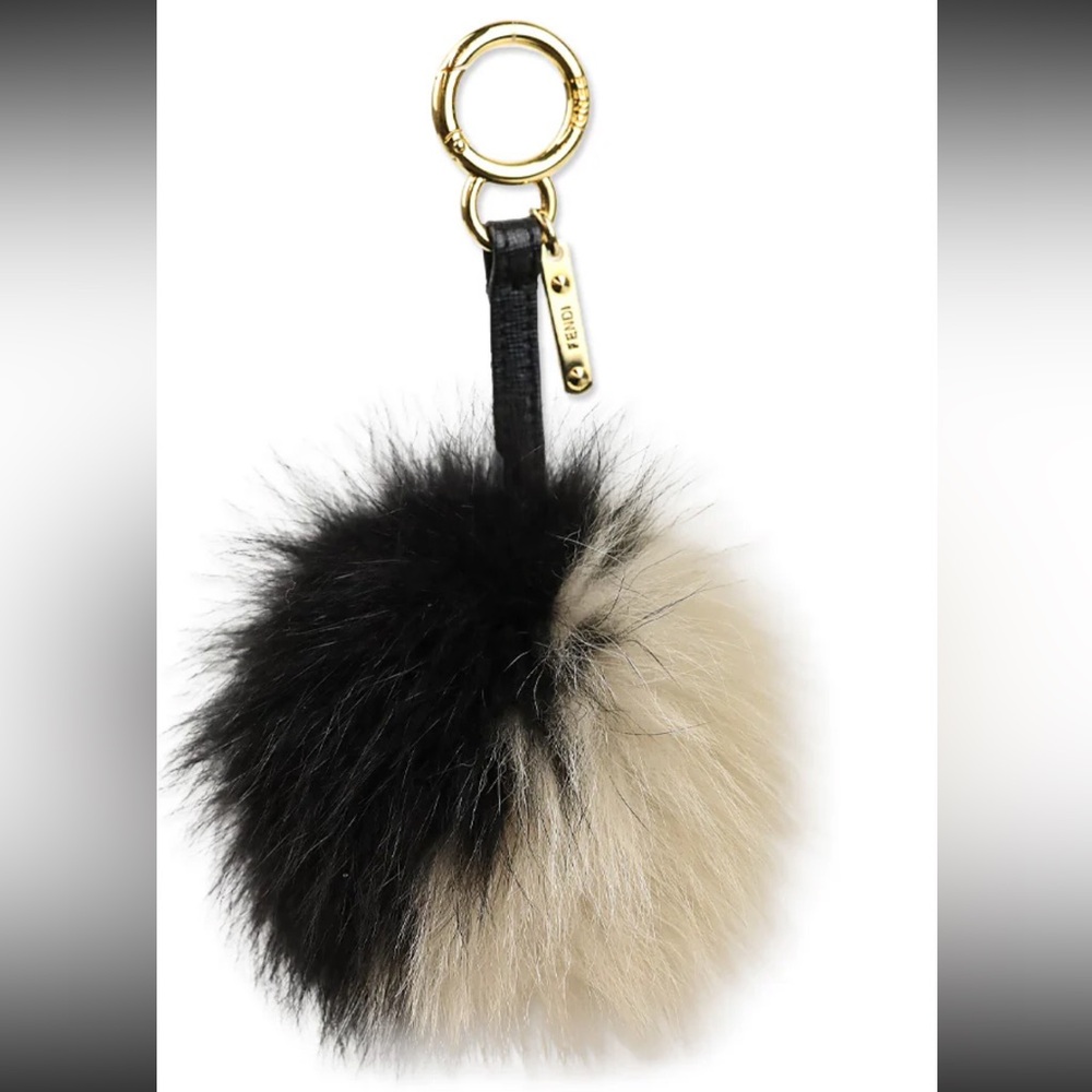 Fendi Black and Cream Fur Pom-Pom Keychain with Gold Hardware
